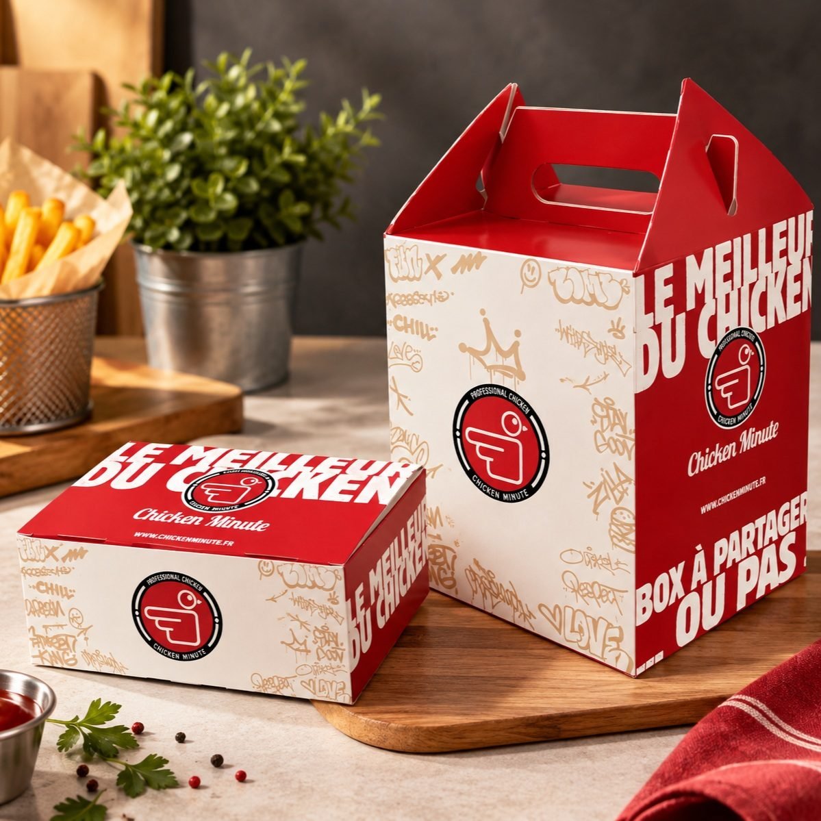 Kırmızı-beyaz fast food kutuları